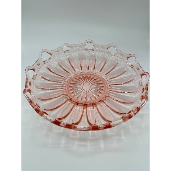 Vintage Pink Depression Glass Serving Ribbed Lace Bowl 12" - Picture 15 of 16